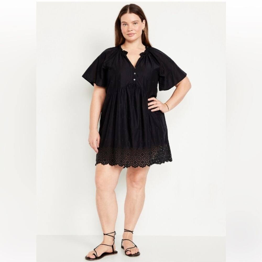 Old Navy NWT Split Neck Black Eyelet Border Embroidered Swing Summer Dress XXL